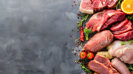Assortment of raw meats on grey background Panorama banner with copy space : Generative AI