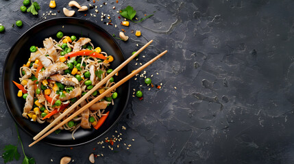Wok with turkey meat soba noodles corn green peas green beans and carrots served on gray background...