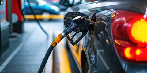 A fuel pump nozzle refuels a modern car at a station - obrazy, fototapety, plakaty