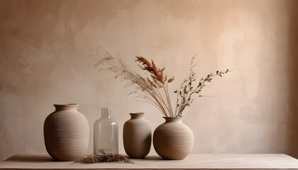 Boho beige copy space background monochrome minimalist empty table with vases with sunlight from window, mockup for  product showcase promotion background