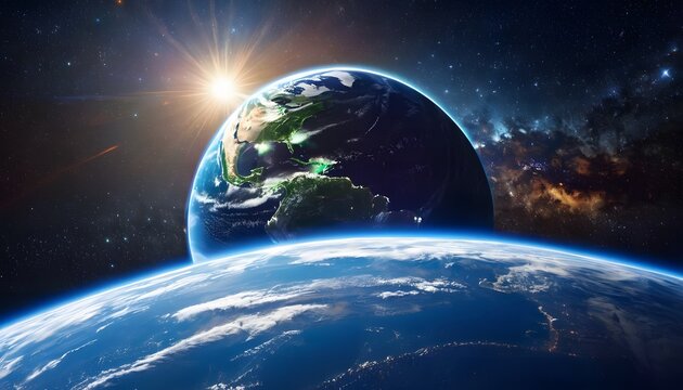 Space view of two earth with sun, parallel earth or universe concept, theory of multiverse