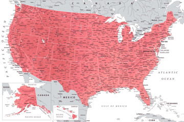 United States - Highly Detailed Vector Map of the USA. Ideally for the Print Posters. Rose Pink Colors. Relief Topographic - obrazy, fototapety, plakaty