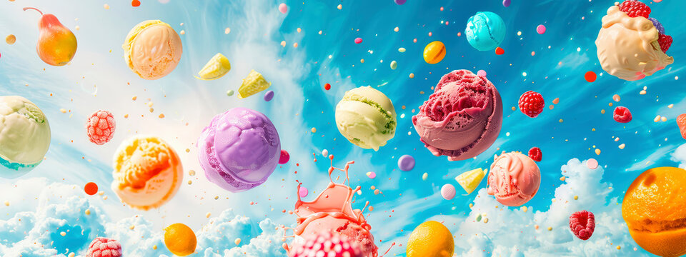 ice cream balls with berries and fruit splash. selective focus.