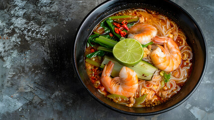 Laksa Shrimp bowl glass noodle dish top view copy space Asian Malaysian food with shrimps bok choy lime ginger and chili Most variations of laksa are prepared with spicy coconut soup : Generative AI - obrazy, fototapety, plakaty