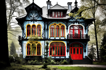 Art Nouveau Style House (Color Pop) - Originated in Europe in the late 19th and early 20th centuries, characterized by flowing lines, organic shapes, and ornate details