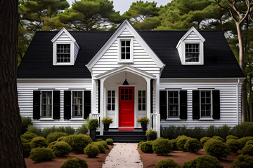 Cape Cod Style House (Color Pop) - Originated in the 17th century in New England, characterized by steep roofs with side gables, dormer windows, and a central chimney - obrazy, fototapety, plakaty