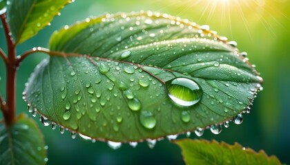 Large beautiful drops of transparent rain water on a green leaf macro. Drops of dew in the morning...