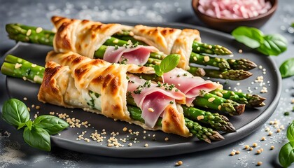 Baked green asparagus with ham and cheese in puff pastry sprinkled with sesame seeds and green basil leaves. Light gray stone background.
