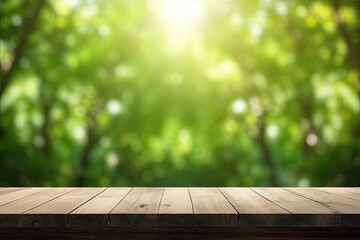 Blank Platform, Brown Wooden Table with Spring Leaves Green Nature Blur Background