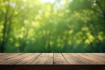 Blank Platform, Brown Wooden Table with Spring Leaves Green Nature Blur Background - obrazy, fototapety, plakaty