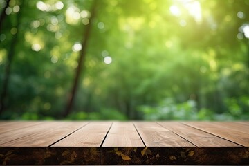 Blank Platform, Brown Wooden Table with Spring Leaves Green Nature Blur Background - obrazy, fototapety, plakaty