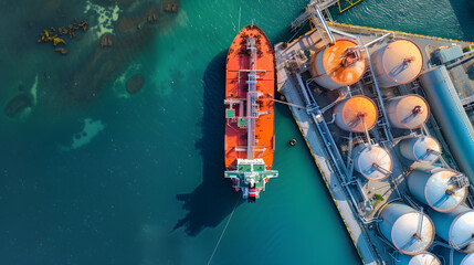 Aerial drone ultra wide panoramic photo with copy space of LNG Liquified Natural Gas tanker anchored in small gas terminal island with tanks for storage : Generative AI - obrazy, fototapety, plakaty