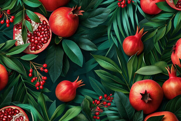 Obraz premium Ripe red pomegranate fruits with green leaves on vibrant green background, realistic 3D illustration