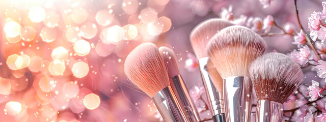 makeup brush on a background of flowers. selective focus. - obrazy, fototapety, plakaty
