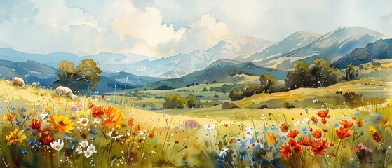 Watercolor painting of a rolling meadow dotted with wildflowers and grazing sheep, sense of tranquility , high-resolution © Mini