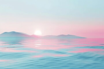 Fototapeta na wymiar A serene pink and blue sunset over calm waters with distant hills.