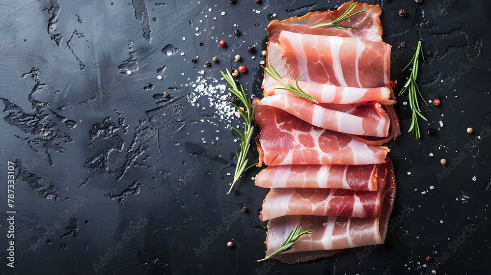 Poster bacon slice fresh meat strips pork cooking appetizer meal food snack on the table copy space food ba