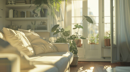Step into this white aesthetic paradise with natural window lighting, radiating the essence of home. Shot on Sony A7, AI generative technology enriches the realism. - obrazy, fototapety, plakaty