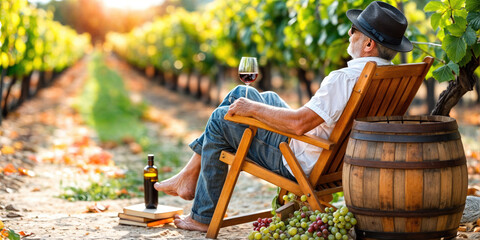 A man in a hat relaxes in a vineyard with a glass of wine