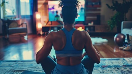 A fitness instructor leading an online workout class streamed on a digital device.  - Powered by Adobe