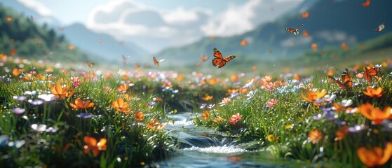 A field of wildflowers teeming with butterflies, with a gentle stream flowing through it, creating a calming soundscape , 3D style - obrazy, fototapety, plakaty