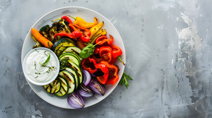 Grilled vegetables with yoghurt sauce Top view with copy space Top view with copy space : Generative AI