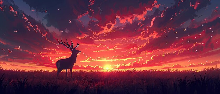 A peaceful meadow at sunset, with a deer silhouetted against the vibrant sky, accompanied by the sound of crickets chirping , high-resolution