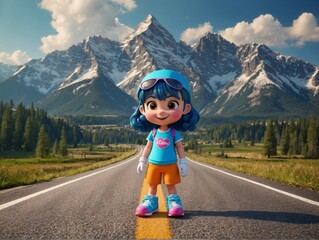 Fototapeta premium cute girl mascot cartoon character with snowfall road mountain blue sky
