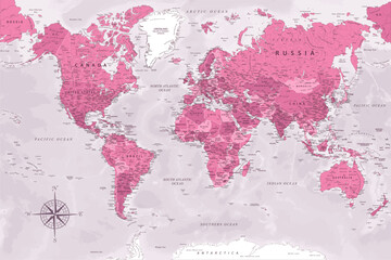 World Map - Highly Detailed Vector Map of the World. Ideally for the Print Posters. Rose Pink Colors. With Relief and Depth