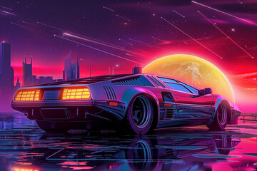 Neon car in 80s synthwave style racing to the city