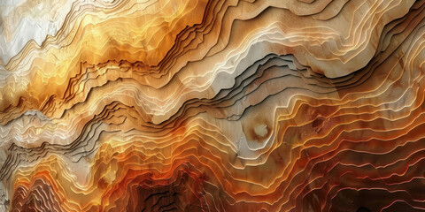 Abstract geometric wall art with orange, brown, and white lines in close up view