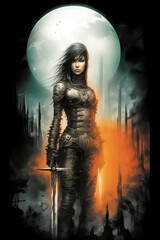 Beautiful warrior girl in style of combat fantasy. Pencil and watercolor drawing