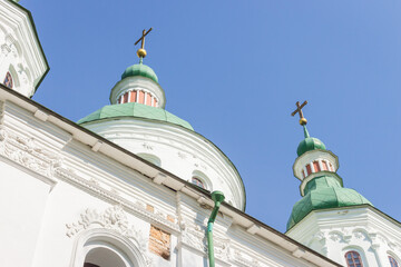Kyiv, Ukraine - 04 11 2024: exterior of St. Cyril church in Kyiv. White stone church and golden...