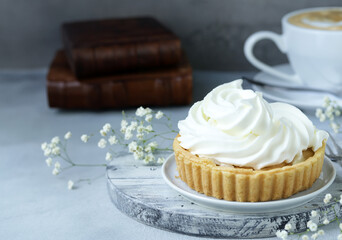 pie cake with berries and cream for dessert and treat
