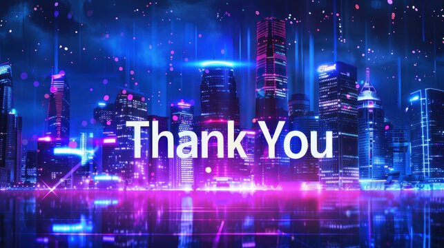 A cityscape background with skyscrapers and urban elements, highlighting "Thank You" in the foreground. 