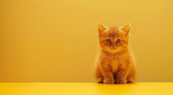 Fun  orange Kitten Exotic Shorthair against a yellow  background,  Close up cute baby cat. Greeting card, banner, poster. With free place for text. Veterinary clinic,  pet shop.