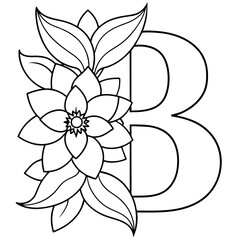 Fototapeta premium Alphabet B coloring page with the flower, B letter digital outline floral coloring page, ABC coloring page