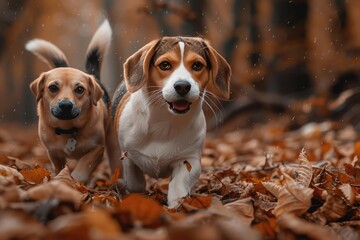 Two happy dogs enjoying a playful run among the colorful fall foliage in the serene forest setting