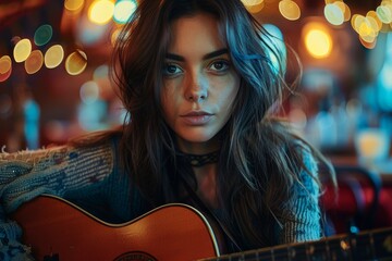 A female musician holds her guitar, surrounded by a warm, bokeh light atmosphere, looking contemplative - obrazy, fototapety, plakaty