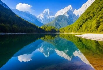 Jasna lake with beautiful reflections of the mountains. Triglav beautiful park.