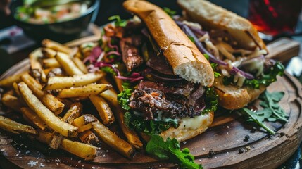 Grilled beef sandwich served with fries and mixed greens