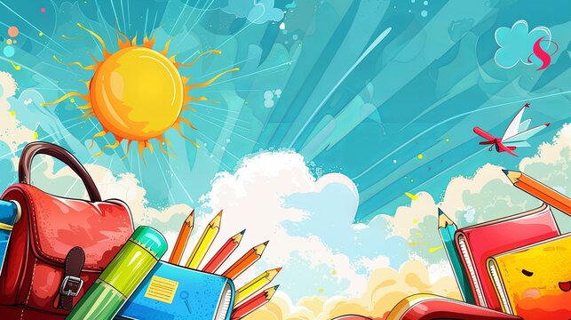 a set of different school items in the center, on the sides there is a background of the sky and sun rays. Abstract background.