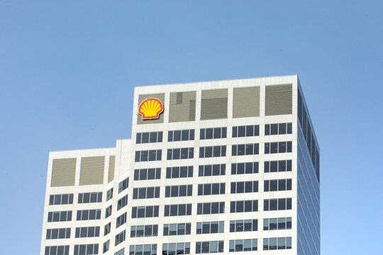Calgary, Canada, April 18, 2022; The downtown Calgary Shell oil office tower with the iconic Shell logo
