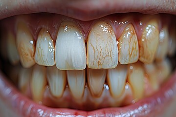 crooked yellow teeth extra close-up. - obrazy, fototapety, plakaty