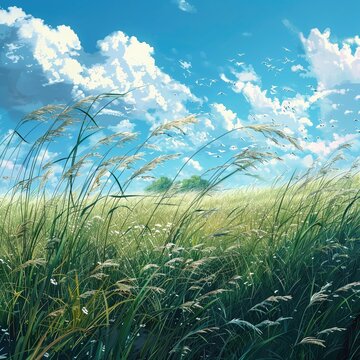 Gentle breeze rustling through tall grass in a meadow, with the distant chirping of birds , ultra HD