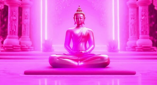 Pink Meditating Gautama Buddha or Avalokitesvara Bodhisattva Statue in Lotus Yoga Position: Seamless Looping Animated Background.

