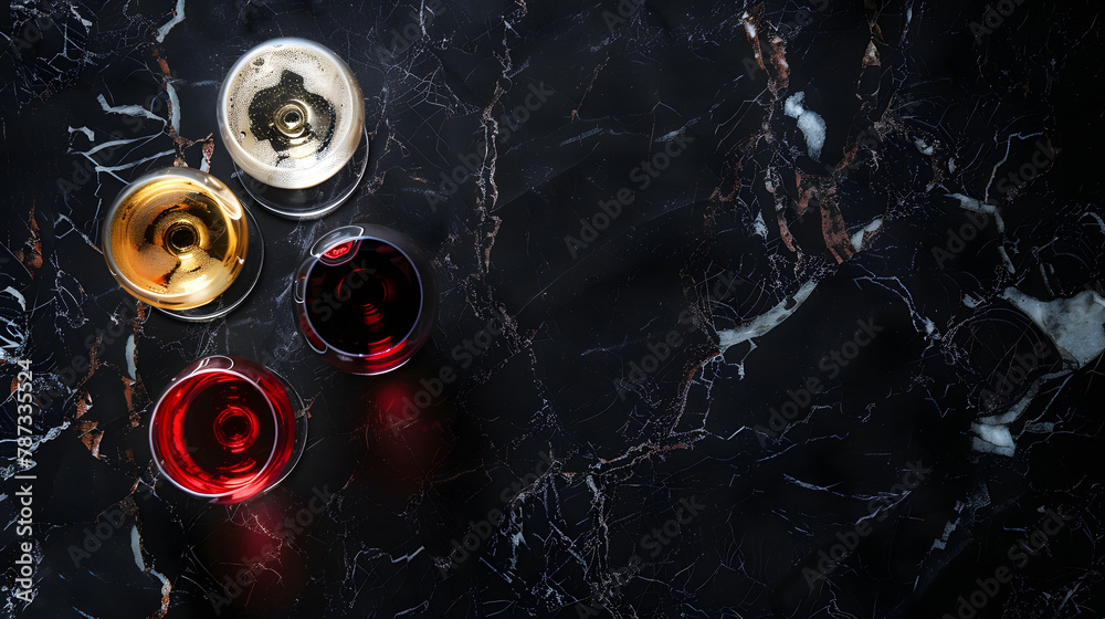 Poster glasses with red white and rose wine on black marble background view above copy space : generative a