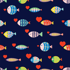 Cute colorful fish.  Kids background. Can be used in textile industry, paper, background, scrapbooking. - 787335594