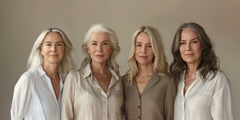 Happy old ladies are photographed in the studio and look at the camera
