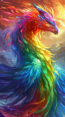 A colorful dragon with rainbow feathers and a bright blue eye. The dragon is depicted in a fantasy world with a bright blue sky in the background